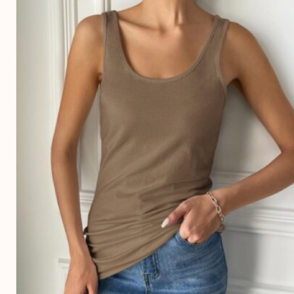 SHEIN Tan Scoop Neck Cotton Tank Top Long Lean Basic Layering Large